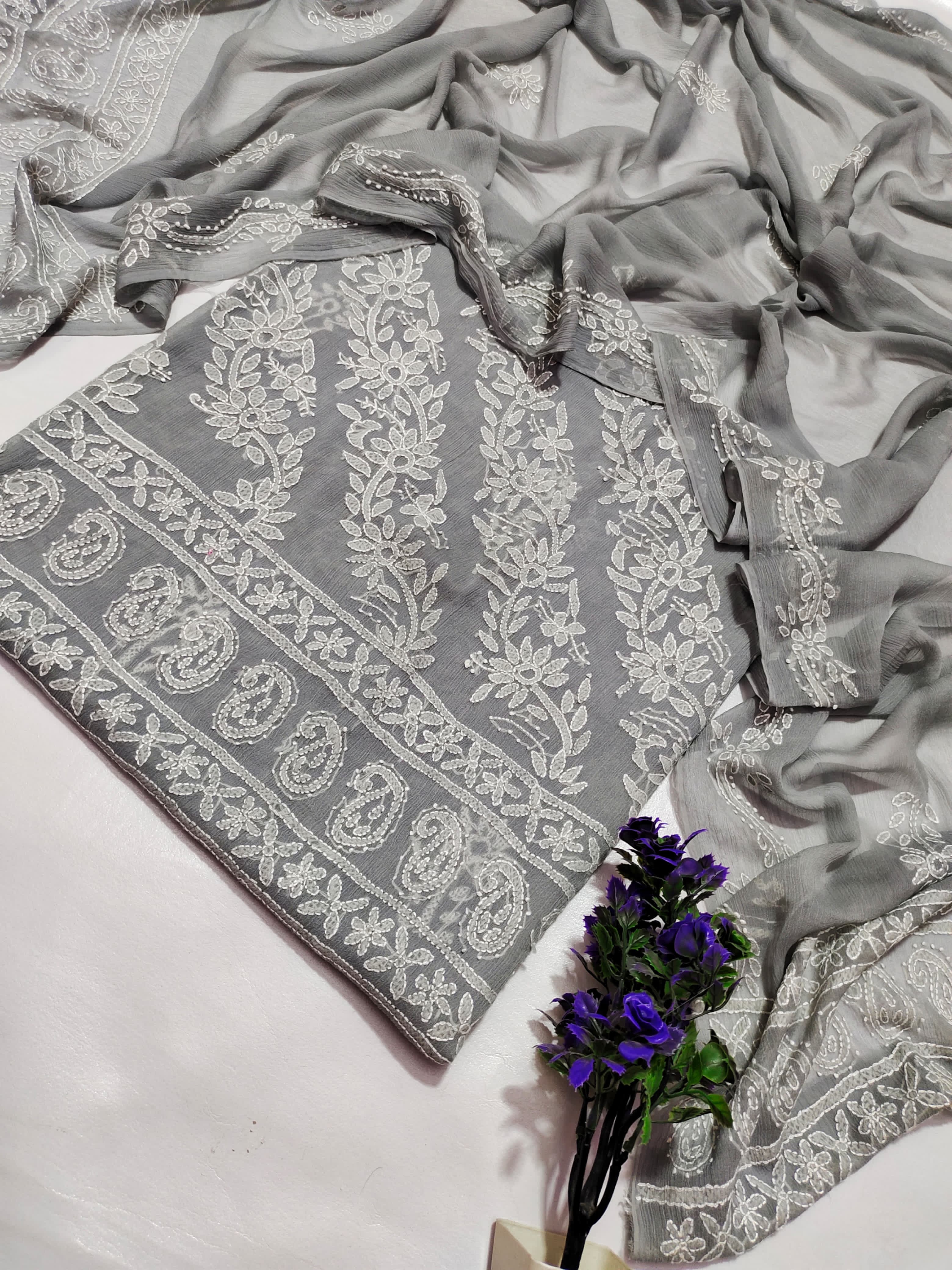 Grey Grace – Hand Embroidered Raw Silk Ensemble